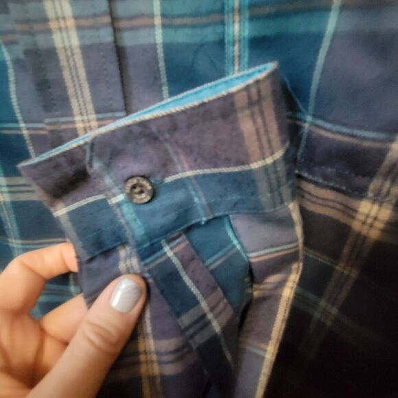 Orvis Shirt Mens XL Blue Purple Plaid Double Pocket Button Down Polyester - Picture 7 of 7